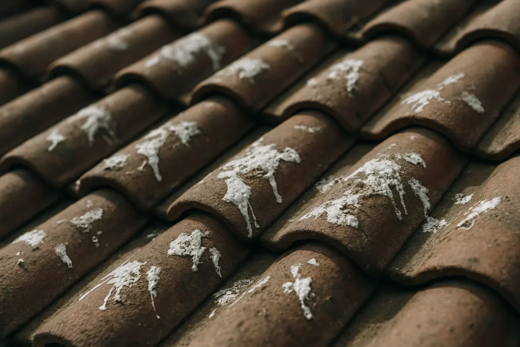Gros plan de tuiles en terre cuite avec fientes de pigeon incrustées, éclairage naturel