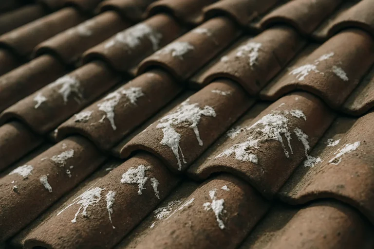 Gros plan de tuiles en terre cuite avec fientes de pigeon incrustées, éclairage naturel