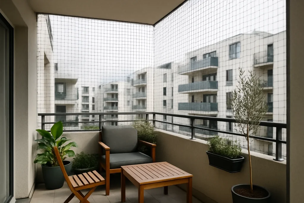 Balcon d'appartement avec filets anti-pigeons et mobilier de jardin