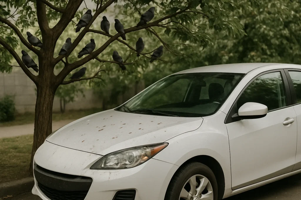 Voiture sous un arbre avec des fientes de pigeon sur le capot, pigeons perchés.