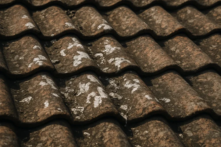Gros plan de tuiles de toit avec des fientes de pigeon, éclairage naturel.