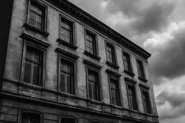 Façade d'un immeuble ancien avec des fientes de pigeon sur les rebords de fenêtres.