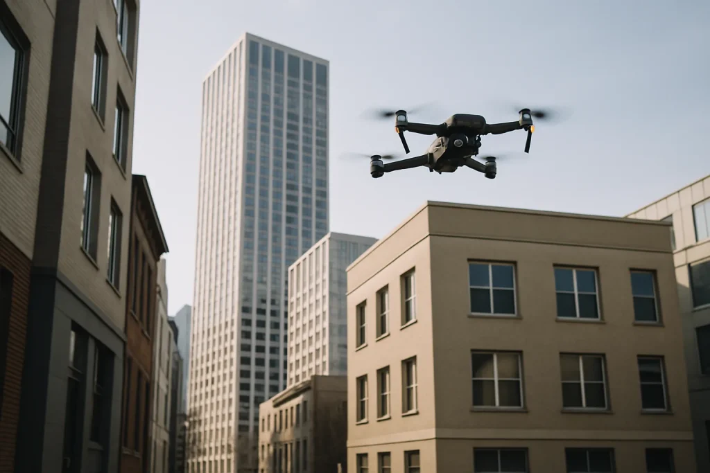 Drone volant au-dessus d'une rue urbaine moderne, bâtiments en arrière-plan.