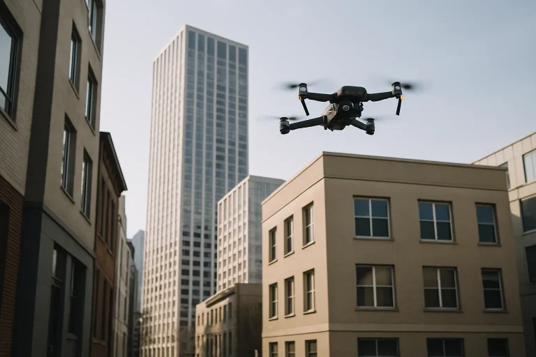 Drone volant au-dessus d'une rue urbaine moderne, bâtiments en arrière-plan.