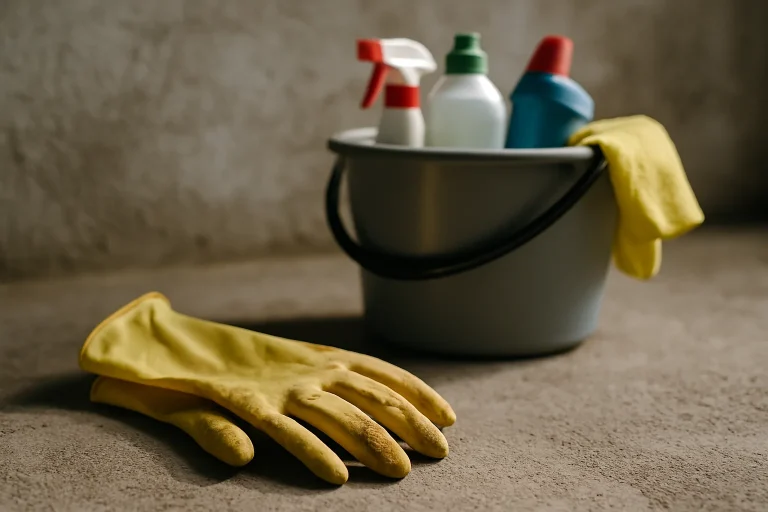 Gros plan sur des gants en caoutchouc sales et un seau de nettoyage sur une surface rugueuse