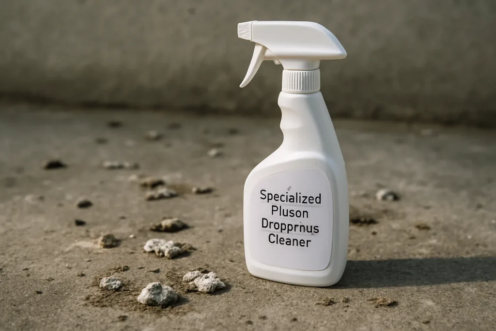 Bouteille de nettoyant pour fientes de pigeon sur un sol en béton avec des fientes visibles