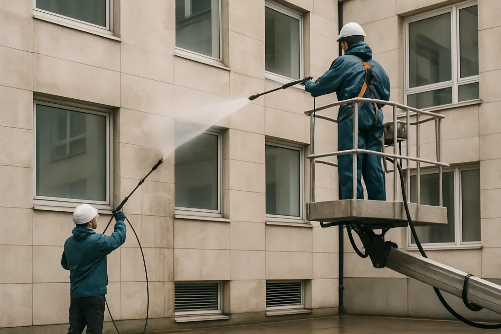 Des professionnels utilisant des équipements spécialisés pour nettoyer une façade d'immeuble.