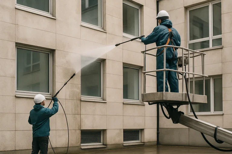 Des professionnels utilisant des équipements spécialisés pour nettoyer une façade d'immeuble.