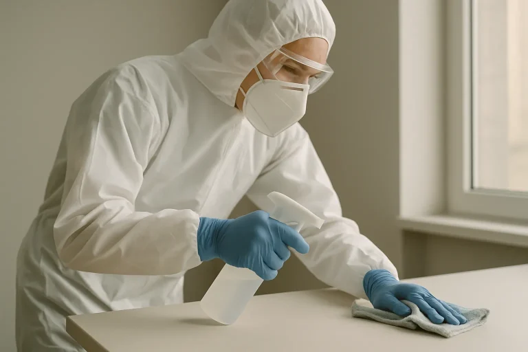 Personne portant des équipements de protection individuelle nettoyant des fientes de pigeon.