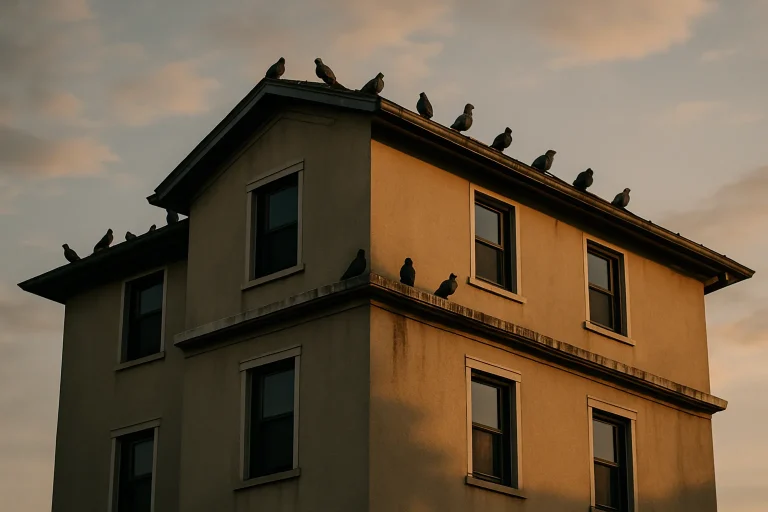 Des pigeons perchés sur un toit de bâtiment résidentiel avec des fientes visibles.