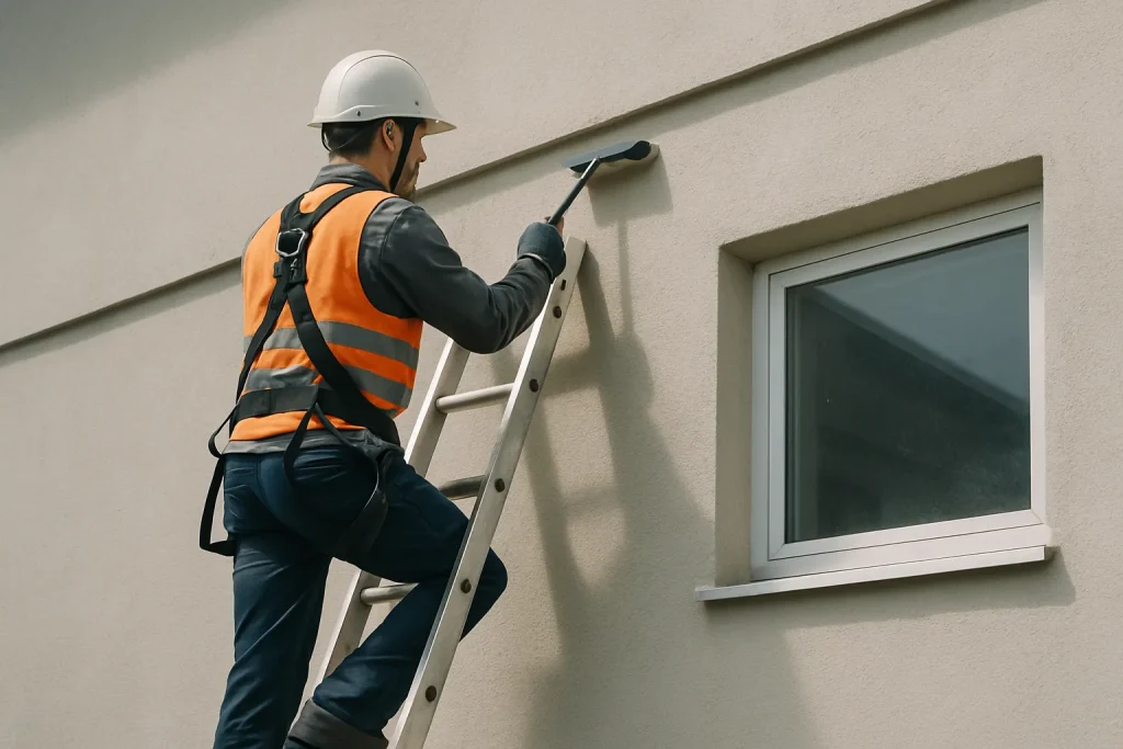Ouvrier en sécurité sur une échelle nettoyant des fientes de pigeon sur une façade.