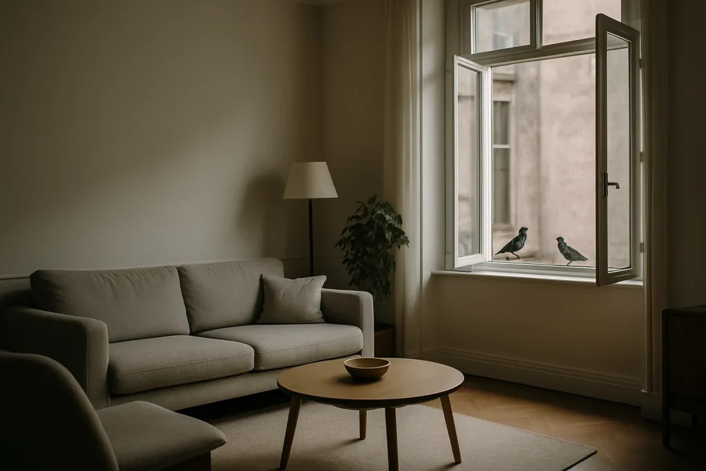 Intérieur d'un salon d'immeuble, pigeons visibles à travers la fenêtre, lumière douce.