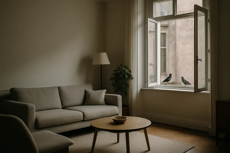 Intérieur d'un salon d'immeuble, pigeons visibles à travers la fenêtre, lumière douce.