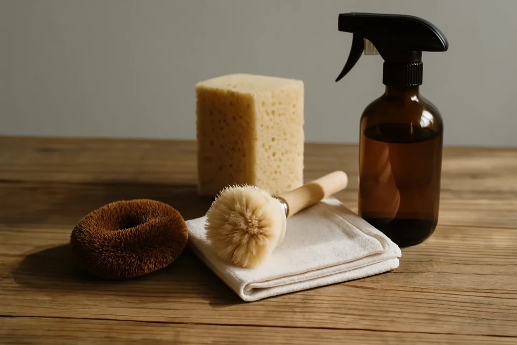 Outils de nettoyage écologiques sur table en bois éclairée latéralement.