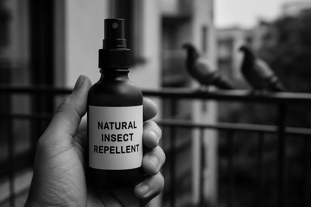 Main avec un flacon de répulsif naturel, pigeons visibles au loin sur un balcon flou.