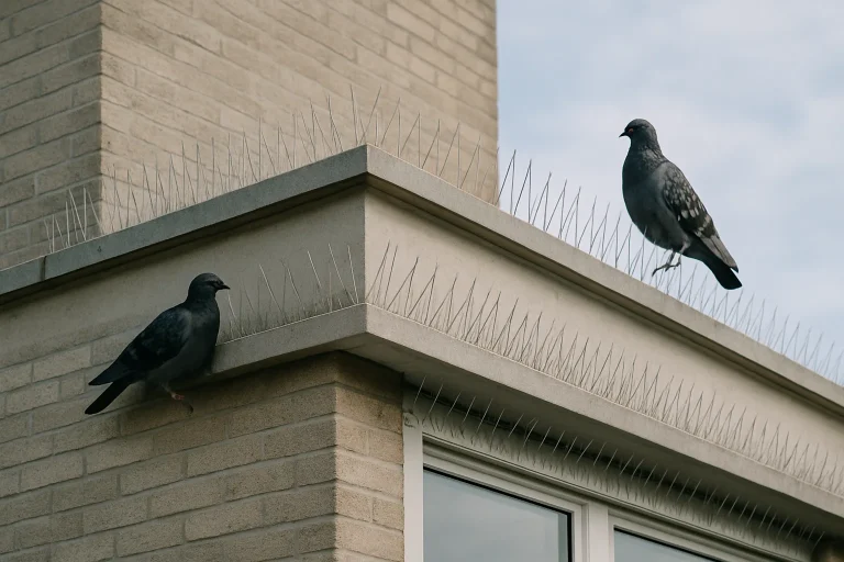 Bâtiment avec dispositifs anti-pigeons, pigeons perchés à proximité, lumière du jour.