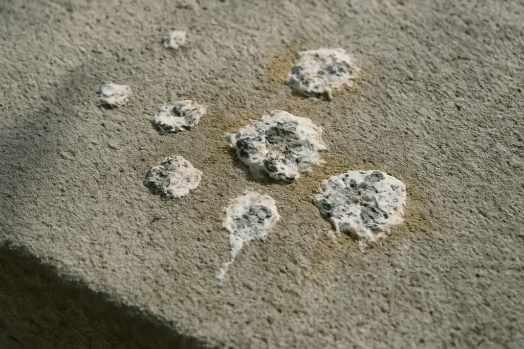 Surface de béton avec fientes de pigeon incrustées, éclairage naturel.
