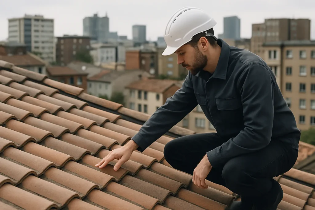 Technicien inspectant une toiture pour détecter les dommages liés aux fientes de pigeon