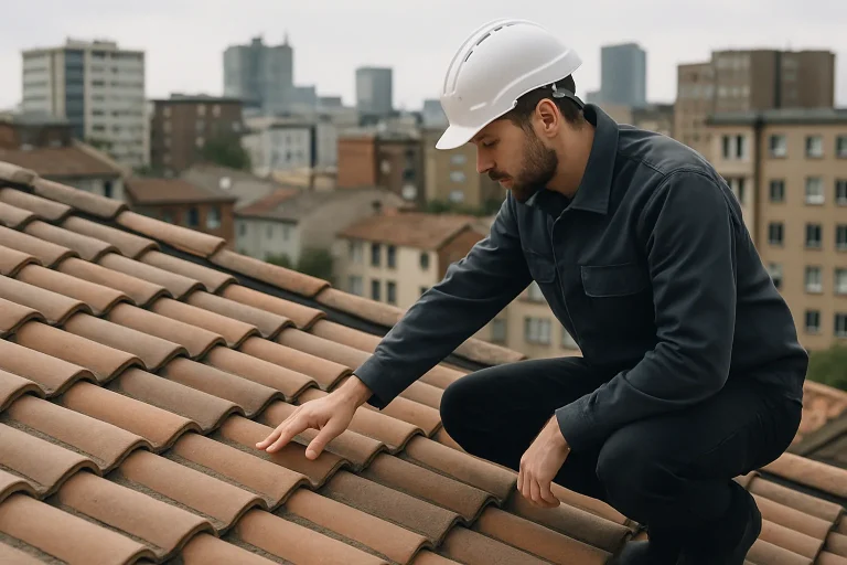 Technicien inspectant une toiture pour détecter les dommages liés aux fientes de pigeon