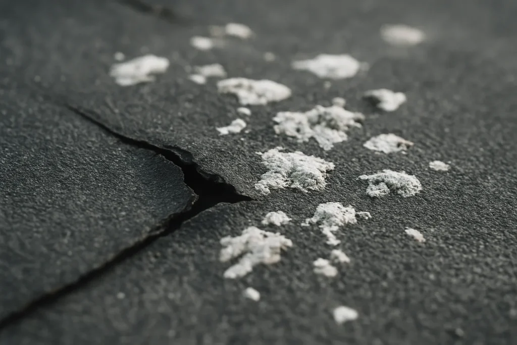 Membrane bitumineuse avec traces de fientes de pigeon visibles, gros plan.