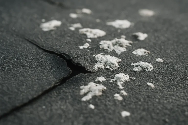 Membrane bitumineuse avec traces de fientes de pigeon visibles, gros plan.