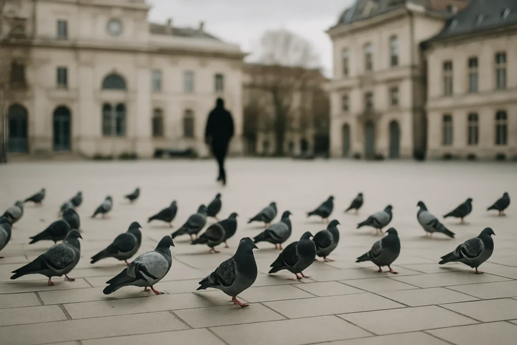 Groupes de pigeons sur une place publique avec bâtiments historiques en arrière-plan.