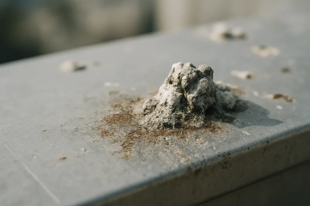 Gros plan sur une surface en aluminium avec traces de corrosion dues aux fientes de pigeon