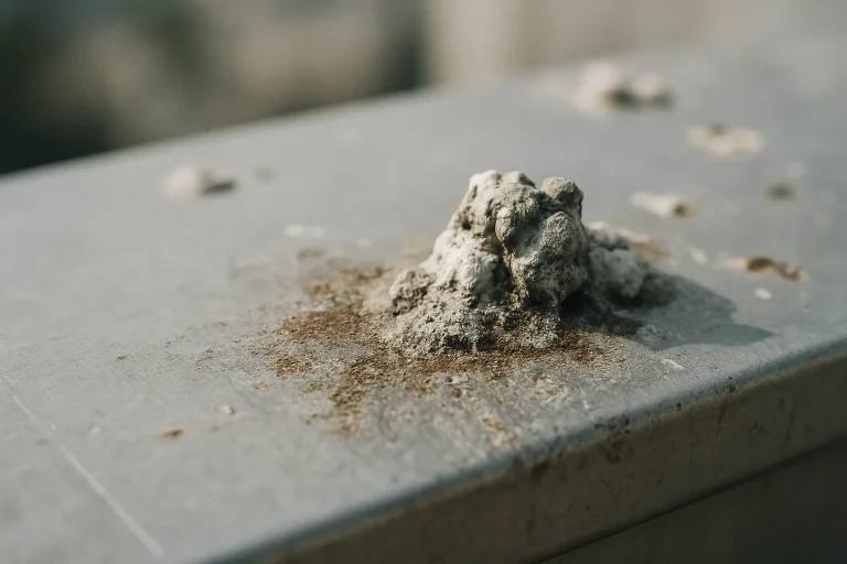 Gros plan sur une surface en aluminium avec traces de corrosion dues aux fientes de pigeon