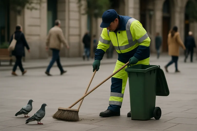 Un agent municipal nettoie une place publique des fientes de pigeon sous l'œil de pigeons.