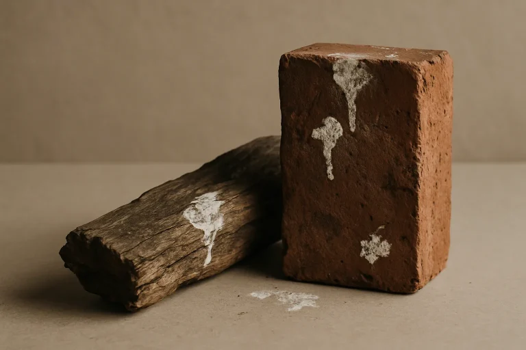 Morceau de bois et brique avec traces de fientes de pigeon, textures visibles