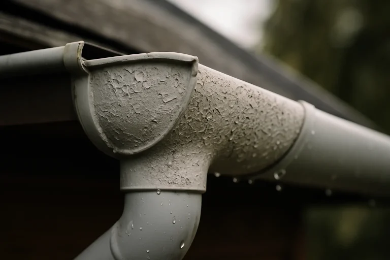Gouttière en PVC montrant des signes d'acidification causée par des fientes de pigeon, avec détails de surface.