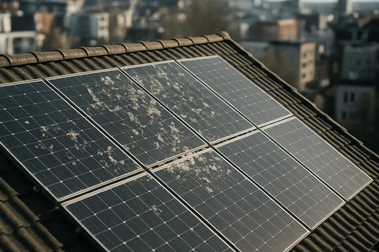 Panneaux solaires sur un toit, partiellement couverts de fientes de pigeon.