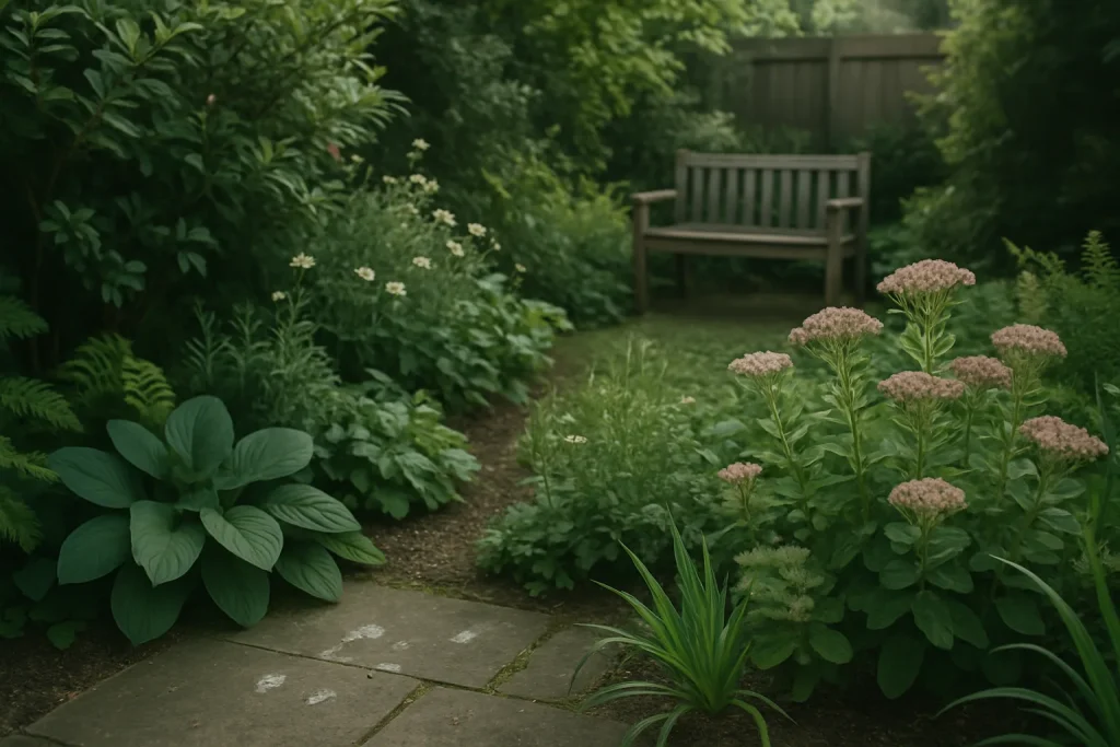 Jardin domestique avec fientes de pigeon sur le sol, diverses plantes autour.
