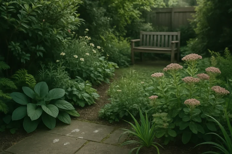 Jardin domestique avec fientes de pigeon sur le sol, diverses plantes autour.