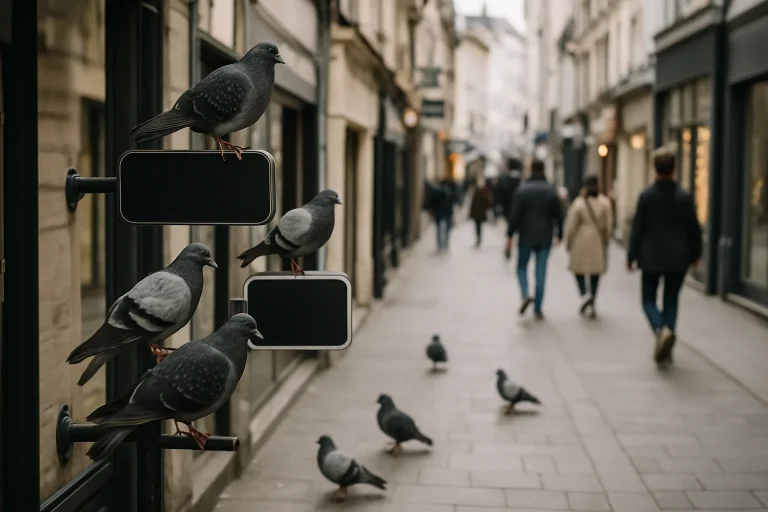 Rue commerçante avec pigeons sur enseignes, passants flous, lumière du jour