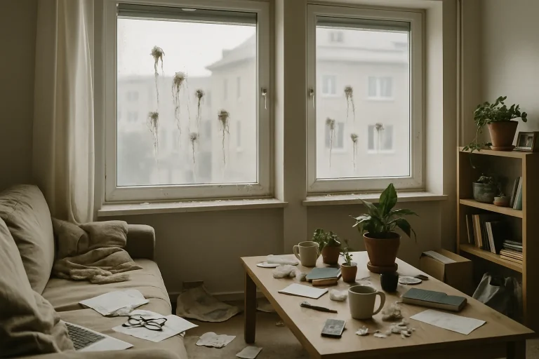 Intérieur d'un appartement avec des fenêtres couvertes de fientes de pigeon.