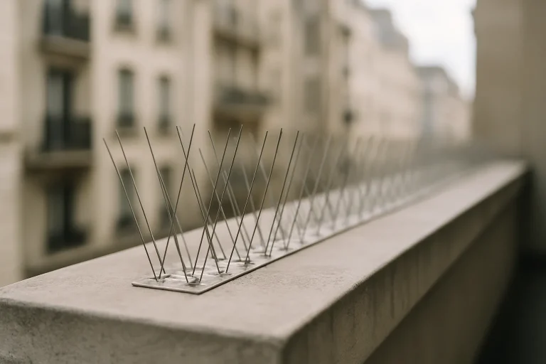Dispositifs anti-pigeons installés sur une corniche d'immeuble avec un fond urbain flou.