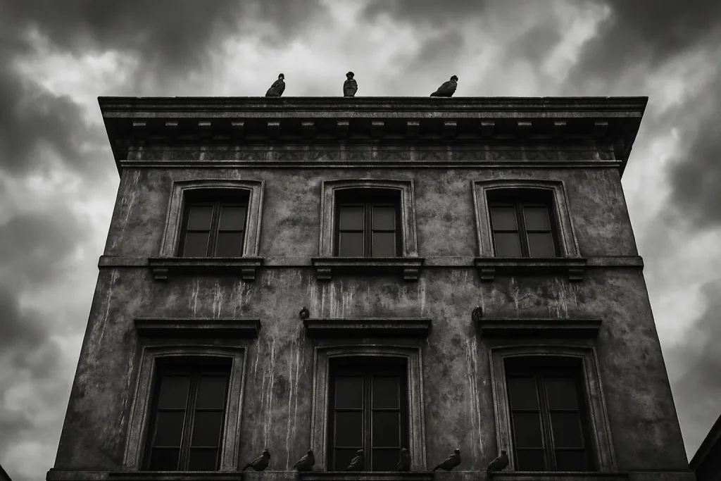 Une façade ancienne montre des traces de fientes de pigeon, en noir et blanc.