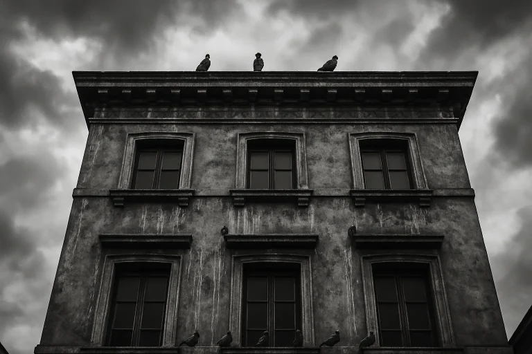 Une façade ancienne montre des traces de fientes de pigeon, en noir et blanc.