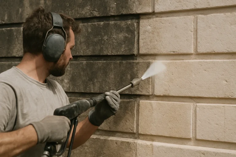 Artisan nettoyant une façade en pierre calcaire avec des outils spécialisés, avant et après