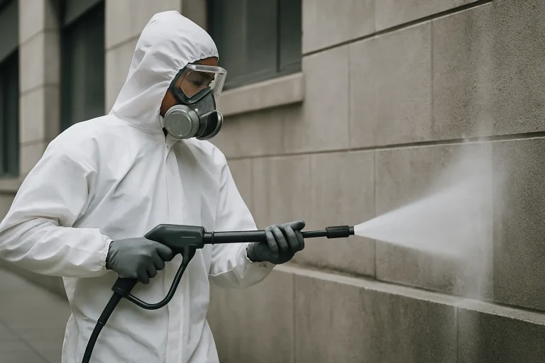 Technicien en tenue de protection nettoyant une façade avec un nettoyeur haute pression.