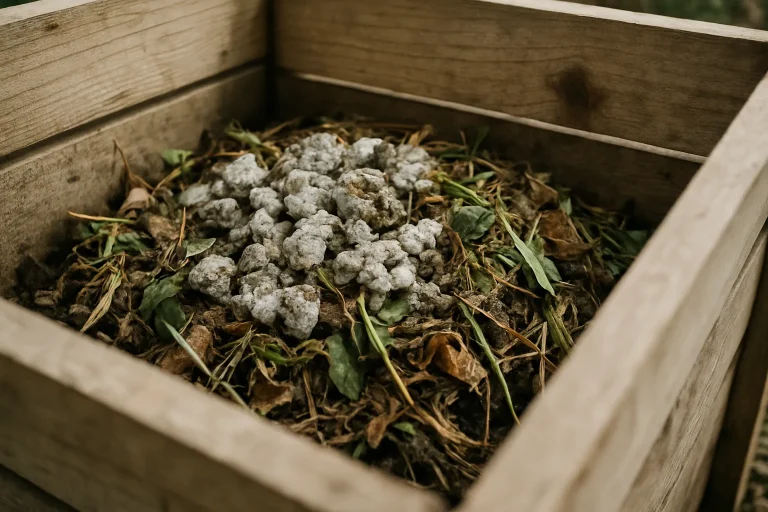 Composteur contenant fientes de pigeon et déchets végétaux sous lumière naturelle