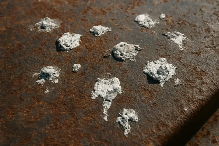 Surface métallique rouillée avec fientes de pigeon, montrant la corrosion.