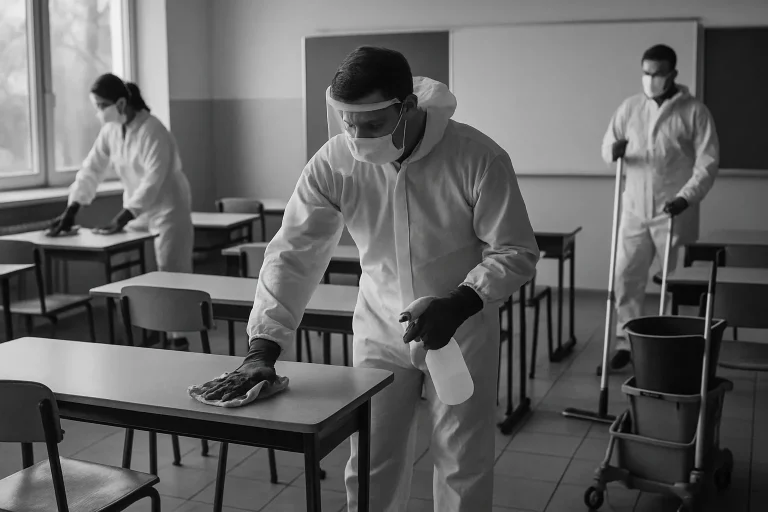 Equipe de nettoyage désinfectant une salle de classe après l'élimination des fientes de pigeon.