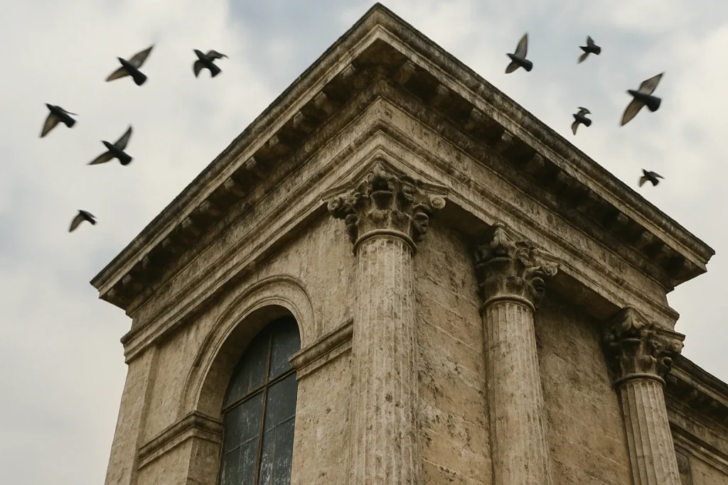Vue d'un monument historique avec fientes de pigeons, pigeons en vol.