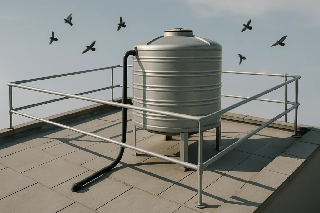 Réservoir d'eau sur un toit avec des pigeons à proximité, ciel bleu.