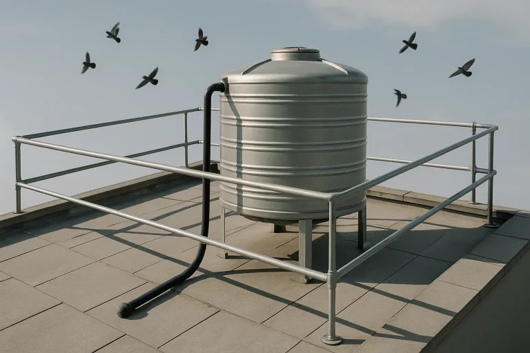 Réservoir d'eau sur un toit avec des pigeons à proximité, ciel bleu.