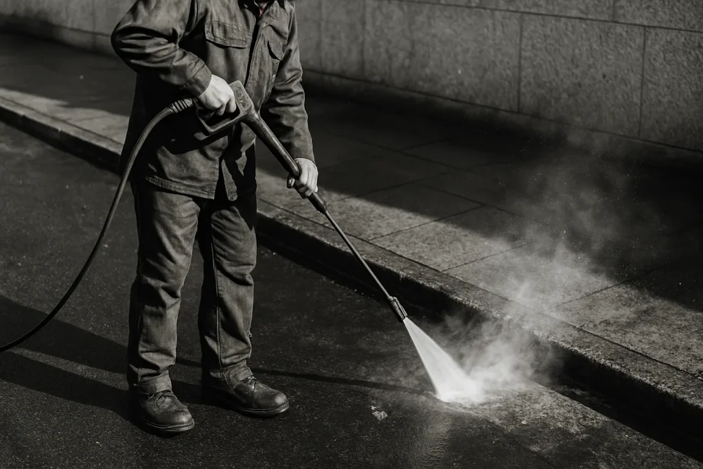 Travailleur nettoyant le trottoir avec un nettoyeur haute pression, éclaboussures visibles.