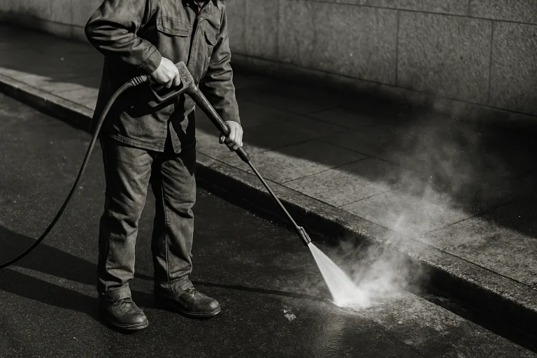Travailleur nettoyant le trottoir avec un nettoyeur haute pression, éclaboussures visibles.
