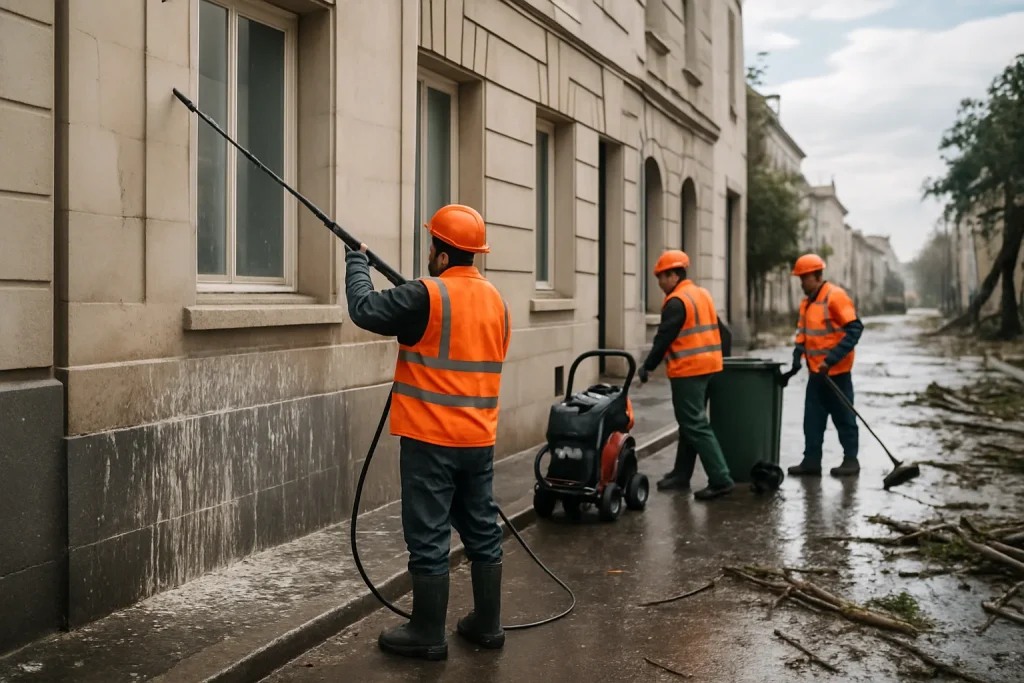 Équipe de nettoyage effaçant les fientes de pigeon d'un bâtiment après une tempête